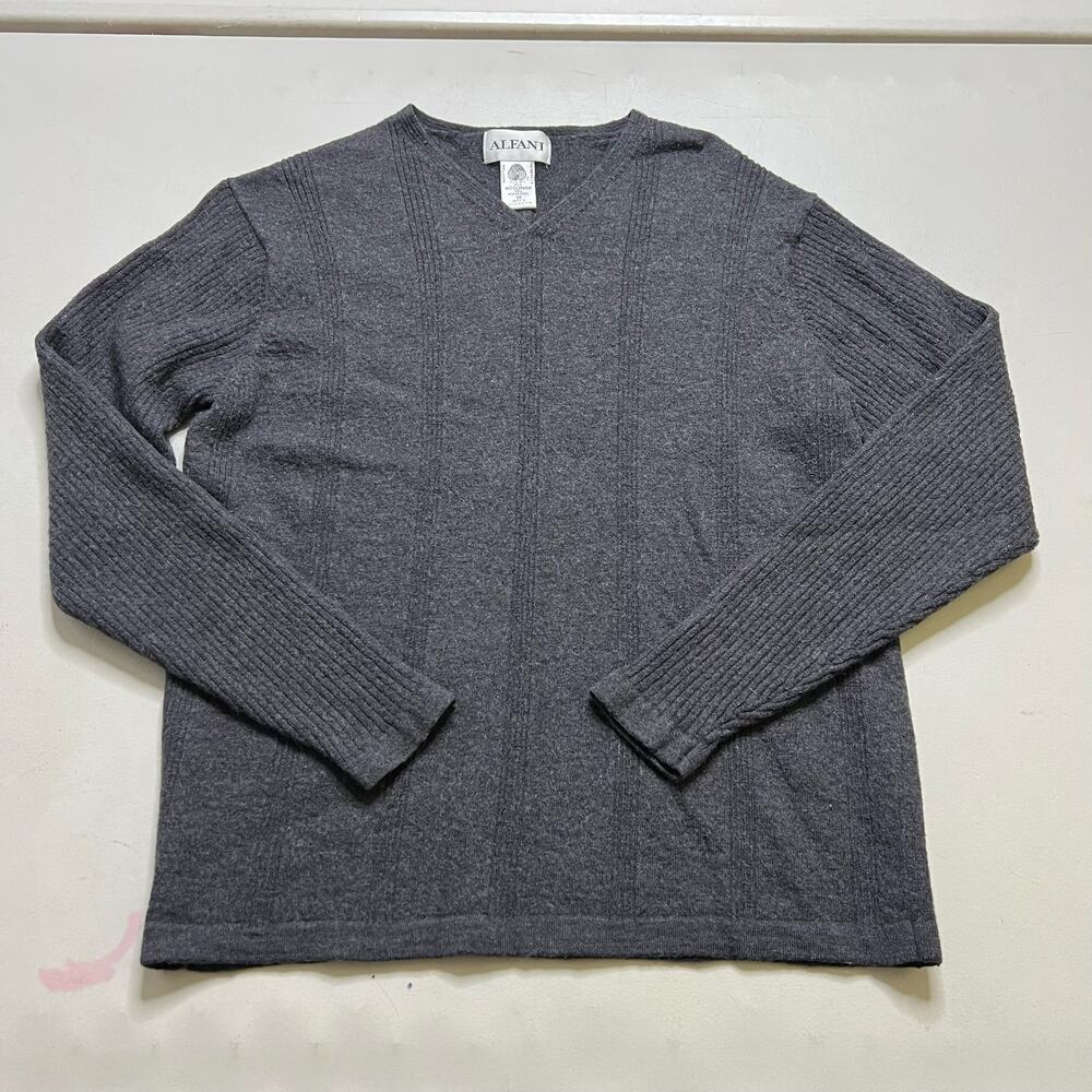 Alfani‎ Sweater Womens M Gray Merino Wool Mark Ribbed V-neck Made united kingdom